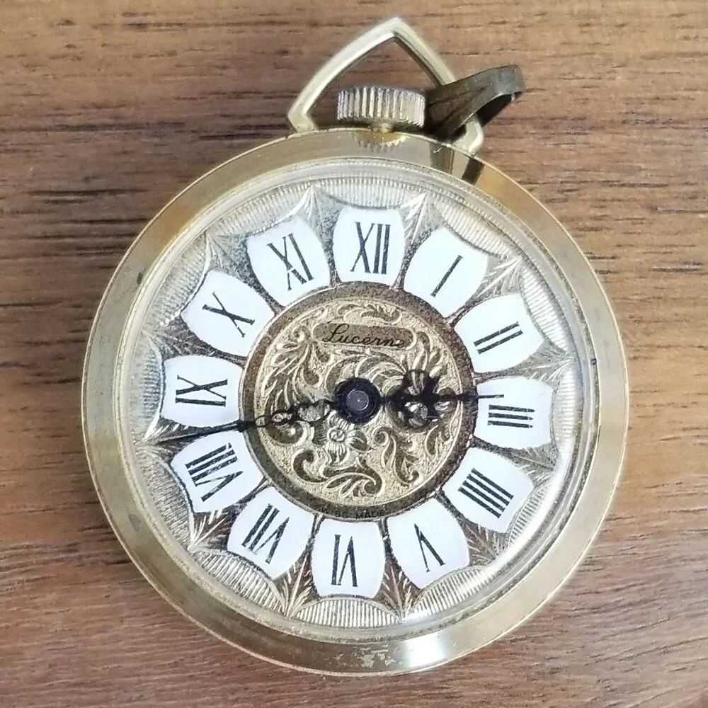 Vintage Petite Pocket Watch Gold Tone Lucerne Swiss NEEDS REPAIR Scroll Work